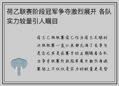 荷乙联赛阶段冠军争夺激烈展开 各队实力较量引人瞩目